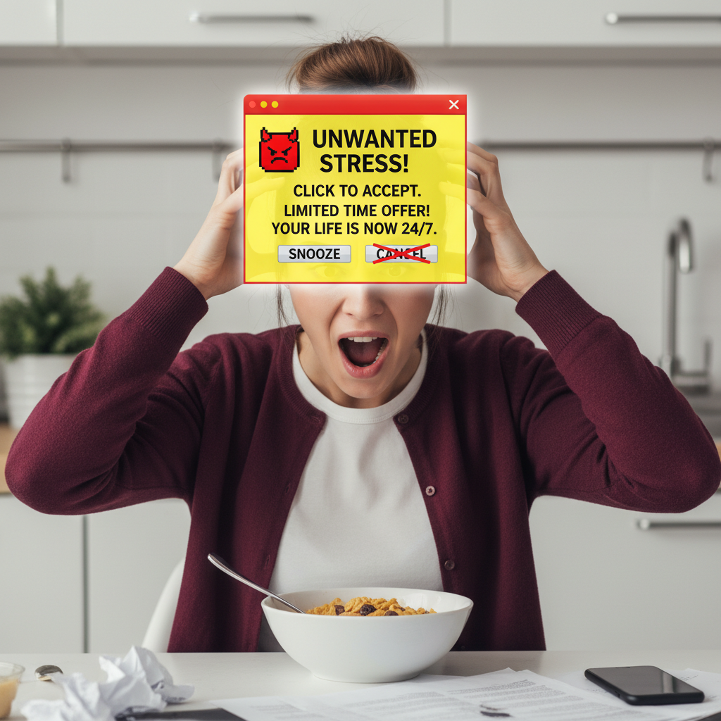 Illustration of a person overwhelmed by stress represented as an annoying pop-up ad in their brain, symbolizing the introduction to stress and the need to manage it.