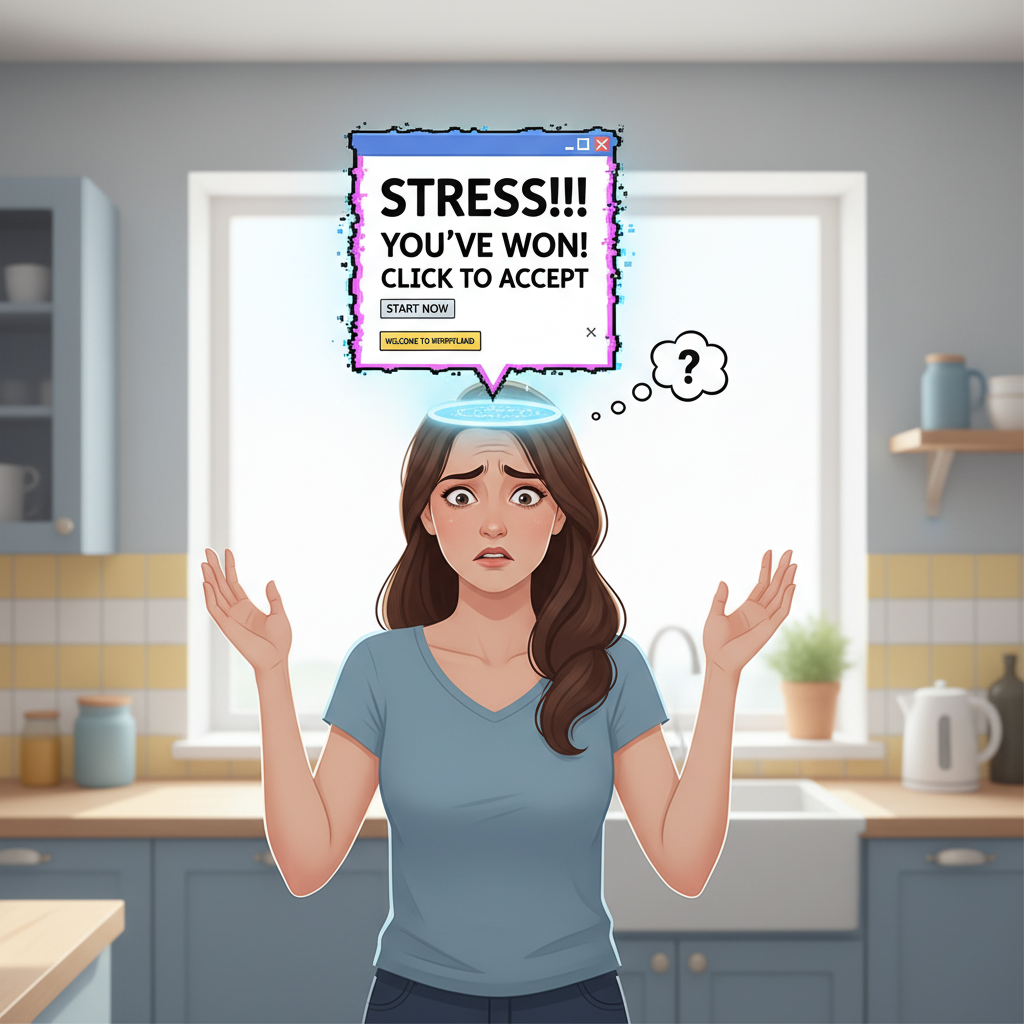 Scene showing a busy person integrating stress management tips into daily life: taking mindful breaks, setting reminders, journaling, and relaxing, conveying practical application of the advice.
