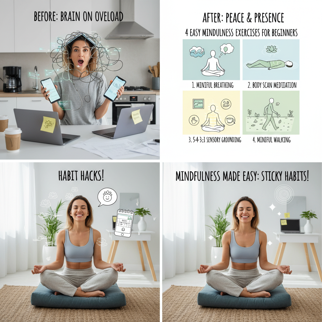 A calm person sitting peacefully, practicing mindful breathing, with a serene background illustrating presence and focus.