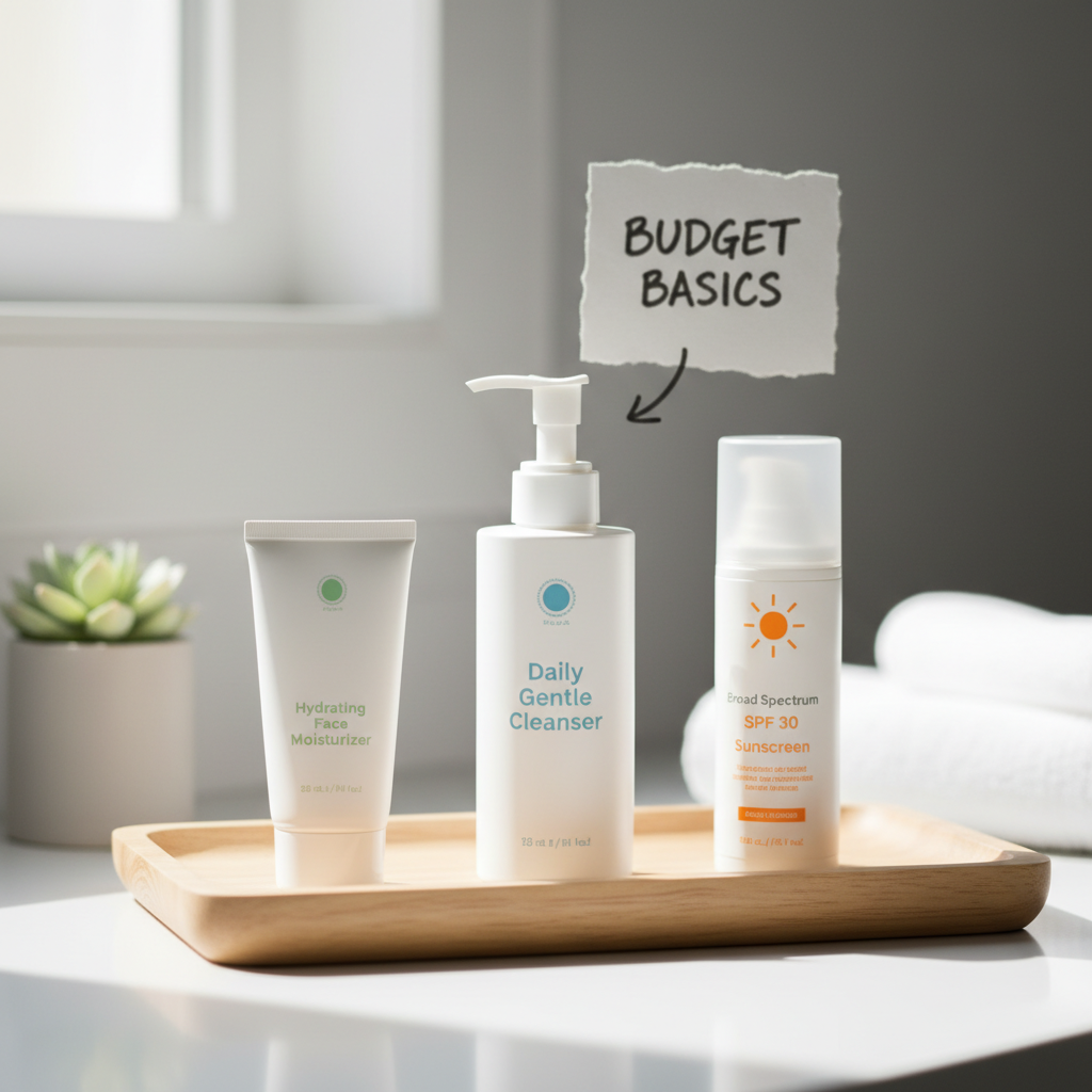 Step-by-step infographic showing a morning and evening budget skincare routine, including cleansing, optional treatments, moisturizing, and sunscreen application.