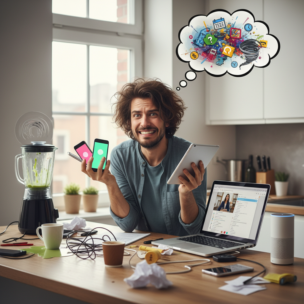 A person happily incorporating mindfulness into daily routines with visual reminders like sticky notes or alarms, symbolizing tips for habit formation and making mindfulness practice stick.