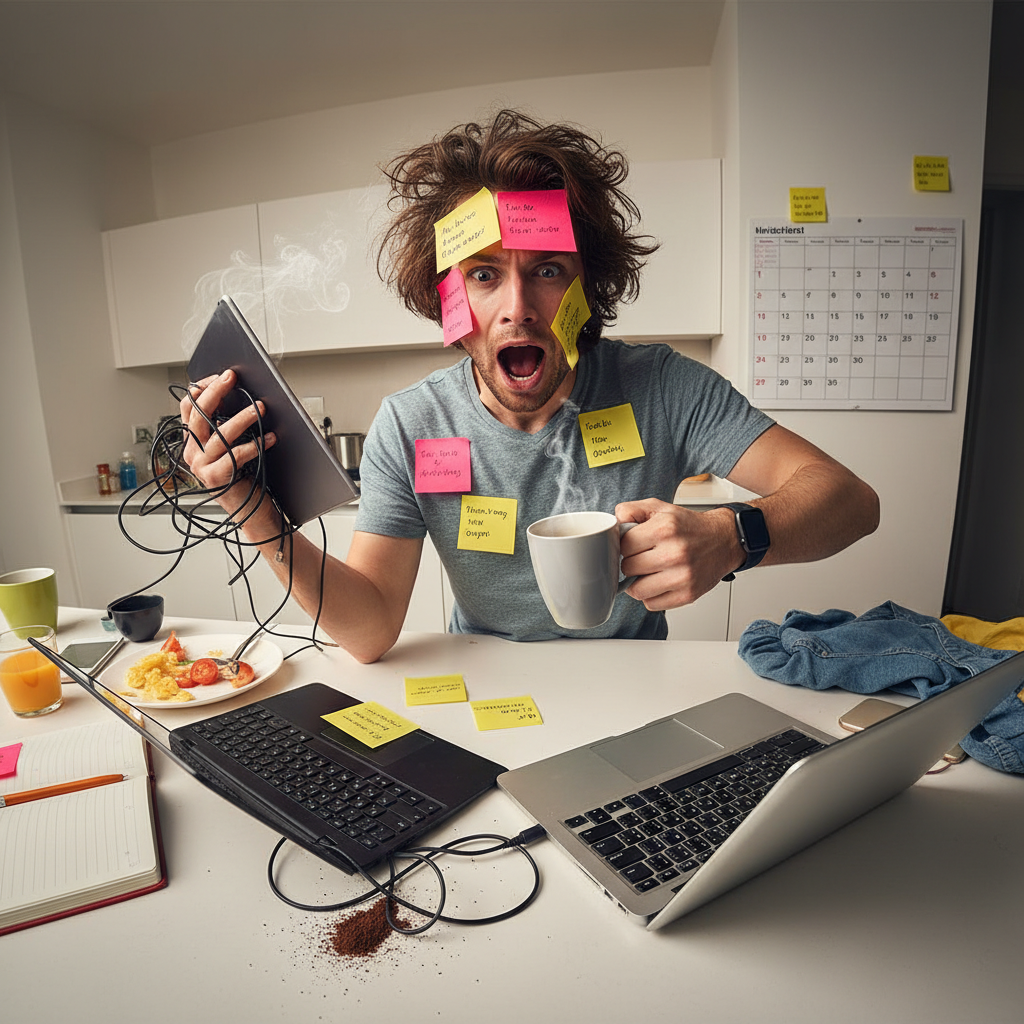 A stressed person juggling multiple tasks and devices, representing a busy and chaotic mind before starting mindfulness practice.