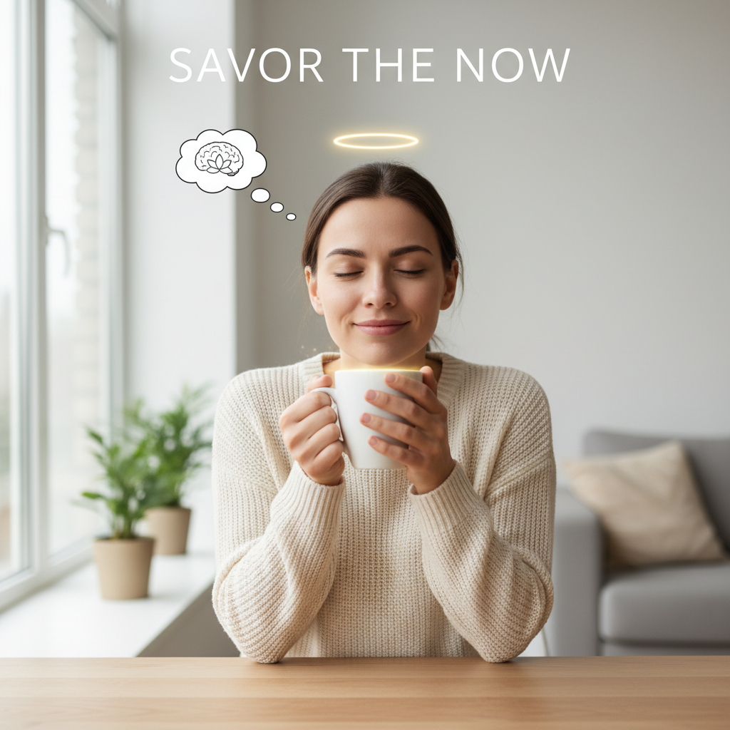 An illustration of a person practicing mindfulness by savoring a cup of coffee, focusing on the present moment with a calm expression.