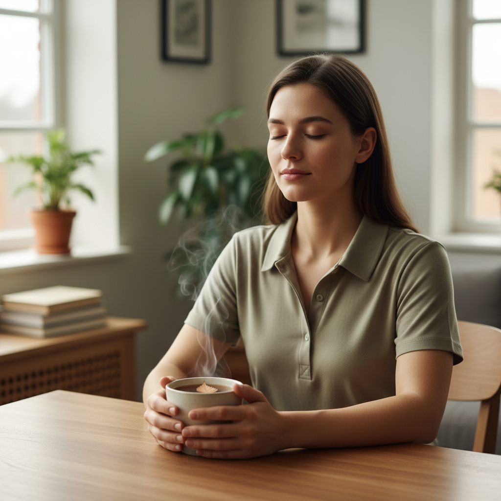 A peaceful daily routine scene depicting simple ways to add mindfulness to your day, such as mindful breathing, mindful eating, and body scan before bed.
