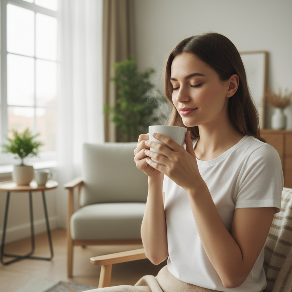 A personal transformation visual showing a person feeling calm and content after practicing mindfulness, symbolizing emotional balance and reduced stress.