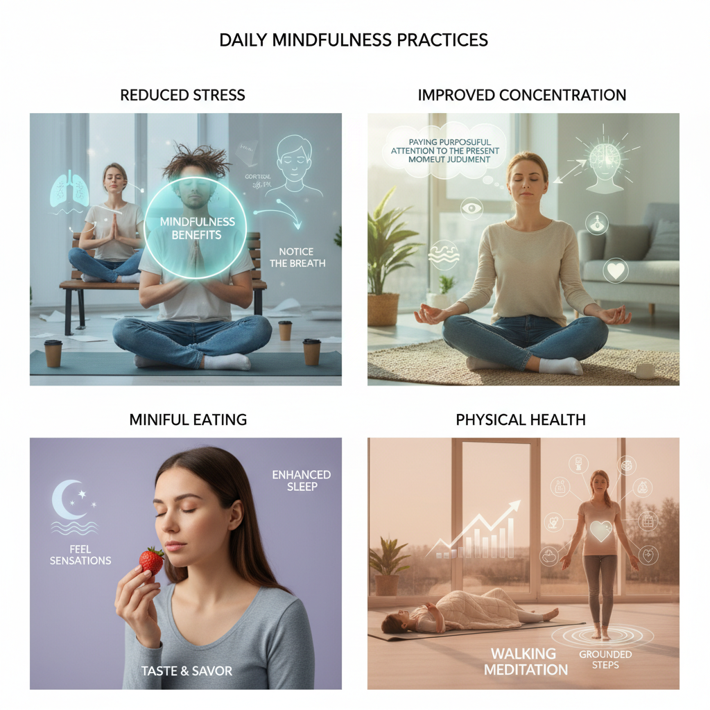 Illustrations representing key mindfulness benefits: reduced stress (calm face or reduced cortisol graphic), improved concentration (focused person with clear mind), enhanced sleep (peaceful sleeping figure), and physical health (heart rate or body health symbols).