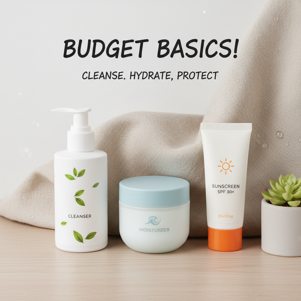 Shopping tips collage featuring multipurpose skincare products, drugstore brand logos (e.g., CeraVe, The Ordinary), and icons representing smart buying like product reviews and trial sizes.