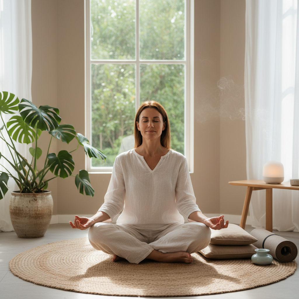A calm and peaceful person sitting comfortably with eyes closed, practicing mindful breathing in a serene indoor setting.