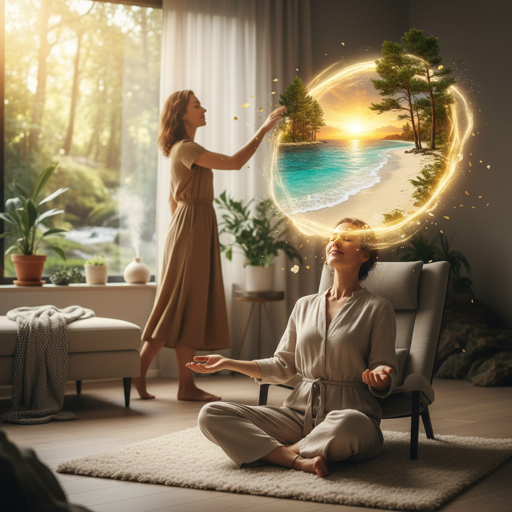 A person lying down with a relaxed posture, with a soft spotlight on muscles from toes to head, illustrating body scan meditation.