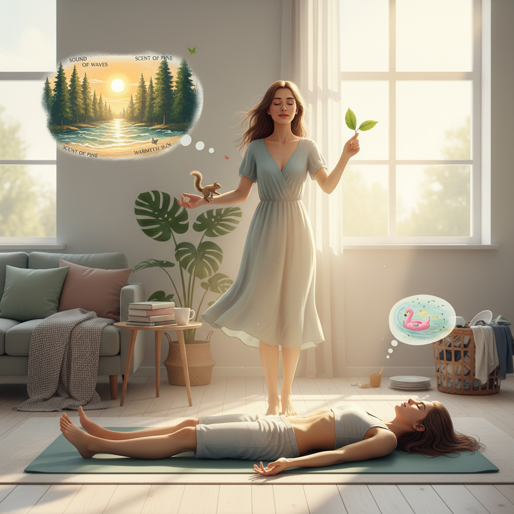 An imaginative visualization of a person closing their eyes and mentally transported to a calming beach setting, with sensory details like waves, pine trees, and warmth.