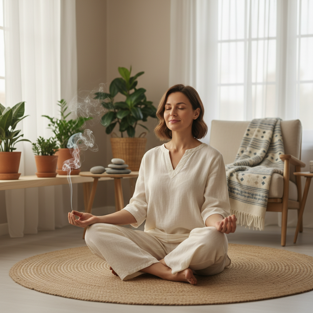 A slow-motion scene of a person walking outdoors mindfully, noticing nature around, with soft sunlight and a gentle breeze.
