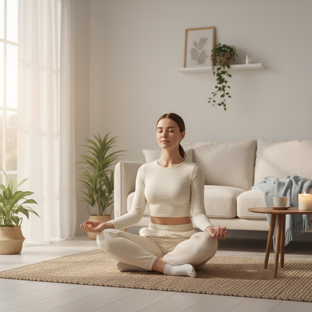 A calm and inviting scene showing a beginner stepping into mindfulness meditation, perhaps a person sitting comfortably with a serene expression, surrounded by soft natural light and peaceful surroundings.
