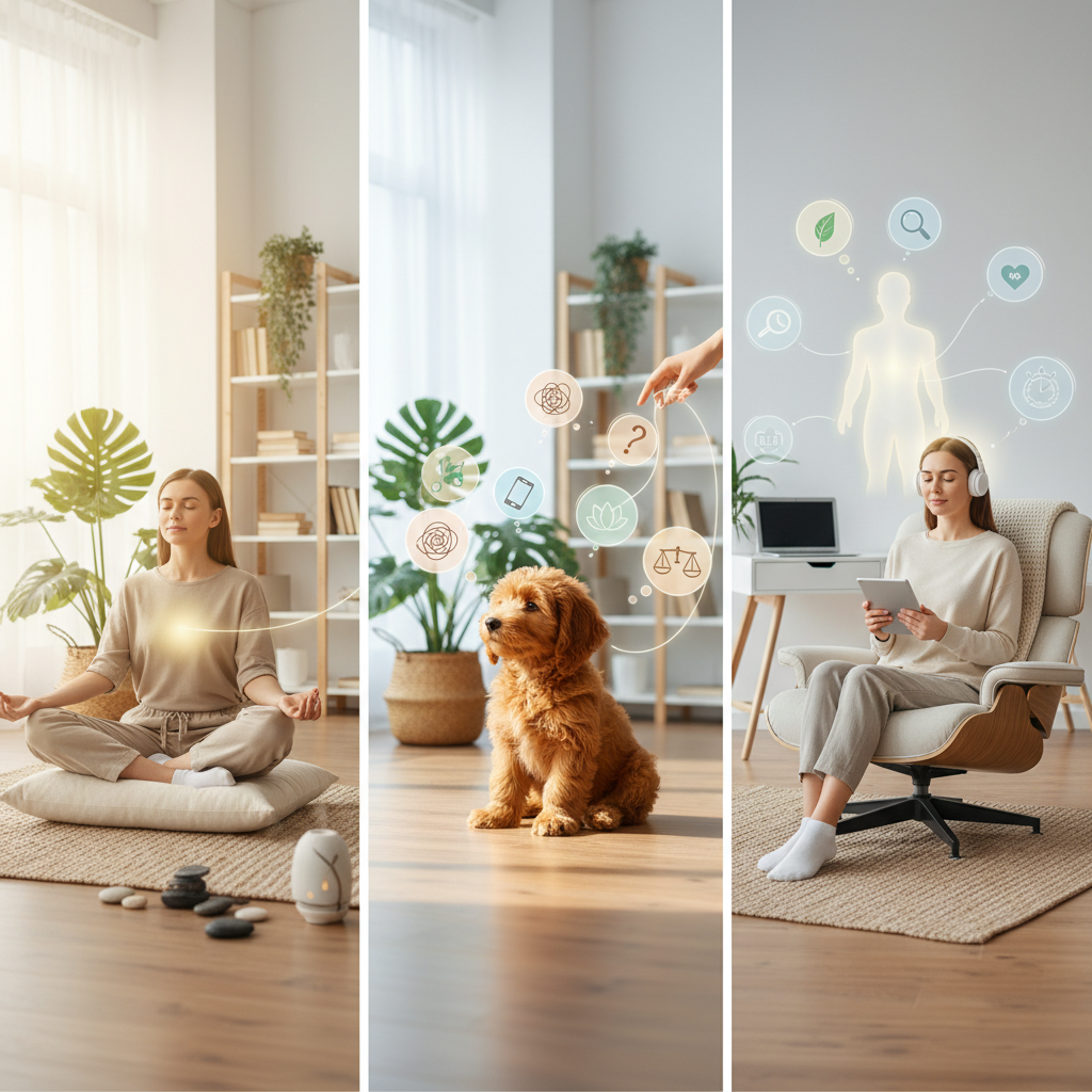 An illustration of a lively puppy representing the mind being gently trained to observe thoughts non-judgmentally, with the puppy calmly sitting and watching around it.