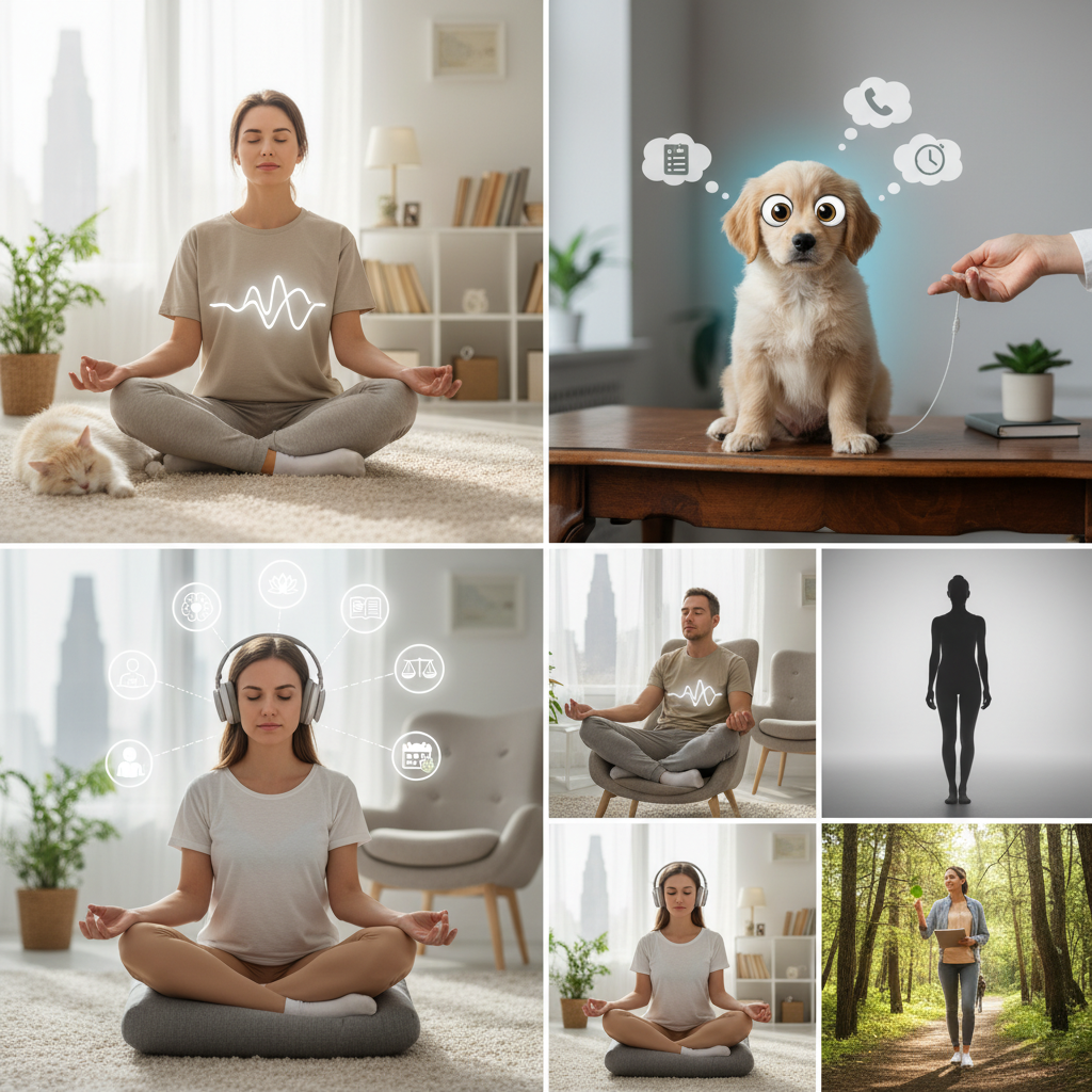 Visual representations of beginner-friendly mindfulness techniques: a person practicing breath awareness meditation seated comfortably, a body scan indicated by a gentle glow moving upward along a body silhouette, guided meditation with headphones on, and a person walking mindfully in nature.