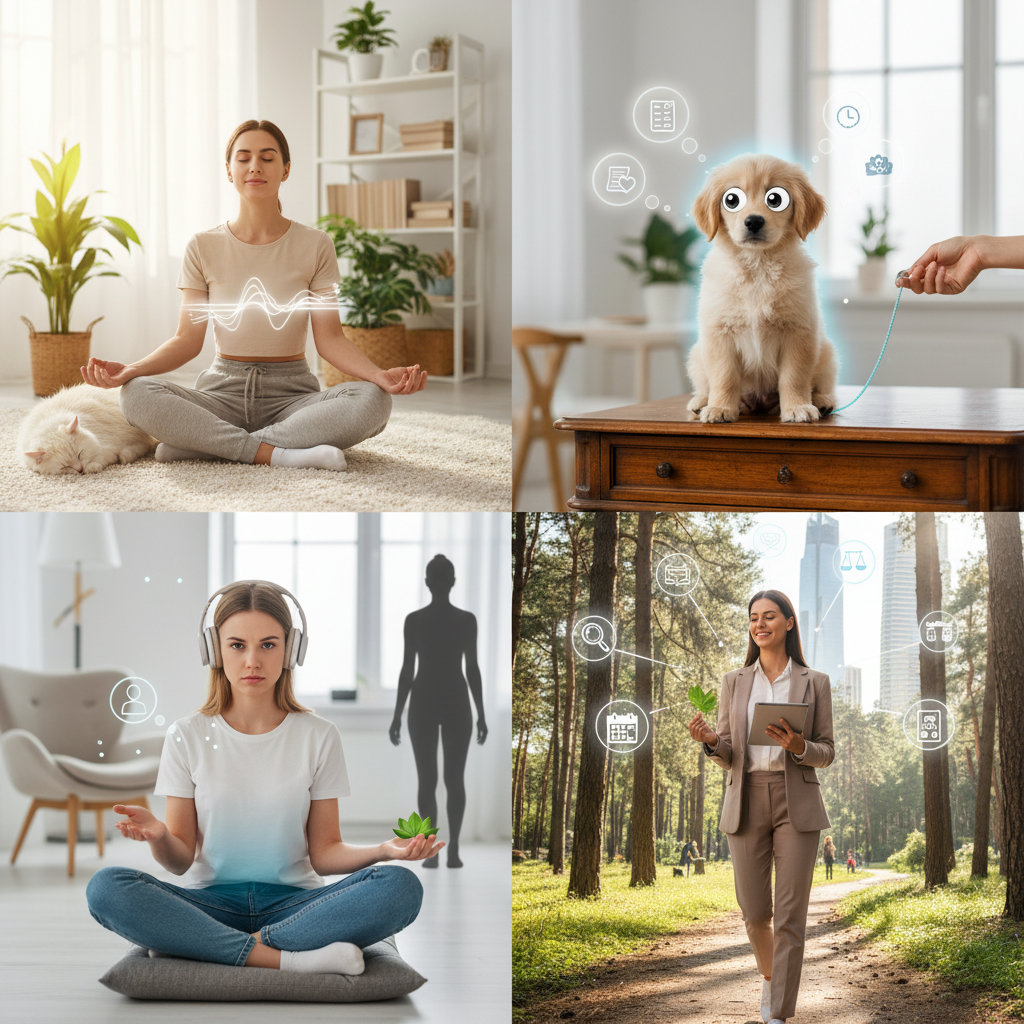 A motivating and uplifting scene depicting the benefits of mindfulness meditation, such as a person looking calm and focused with icons or symbols representing stress reduction, enhanced focus, emotional regulation, and fitting meditation into busy schedules.