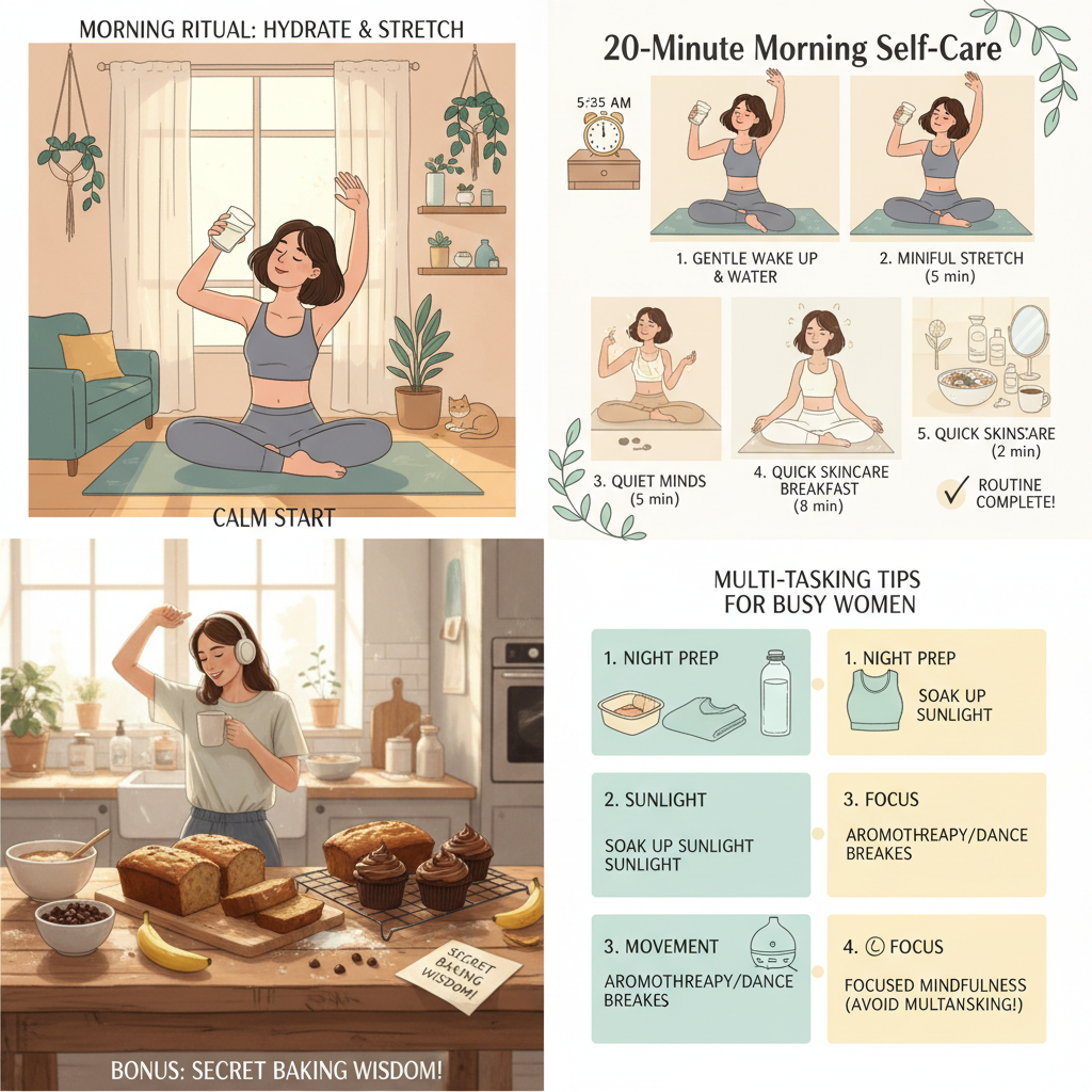 Illustration of a busy woman starting her morning with hydration and stretching, embodying calm and positivity.