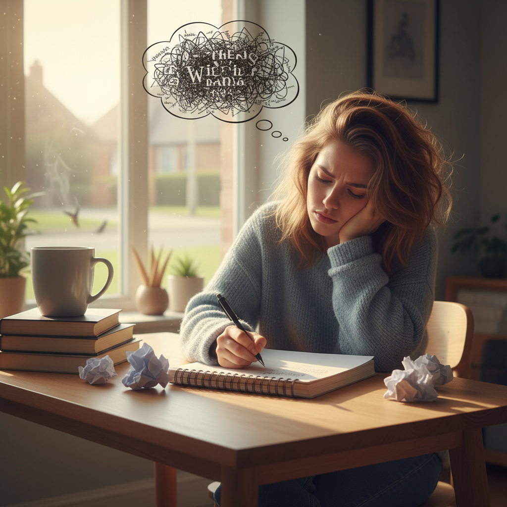 Person writing three pages of handwritten notes in a notebook early in the morning with soft morning light