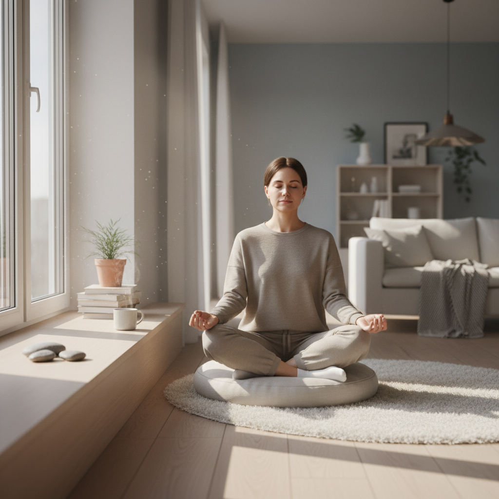 A friendly and encouraging image depicting tips for meditation success, such as guided meditation apps on a phone, a clock timer, and a person gently bringing focus back to breath