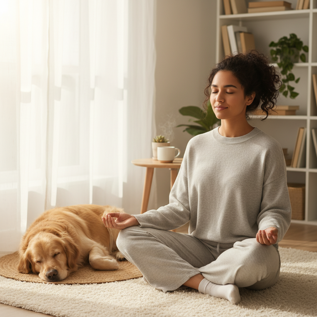An illustration of a simple morning meditation routine sequence including deep breathing, body scan, and setting positive intentions, with gentle, soothing colors