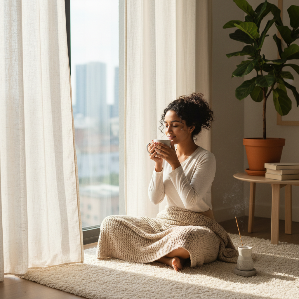 A peaceful morning scene showing a person sitting calmly in a cozy, sunlit spot by a window, representing finding a calm spot for meditation