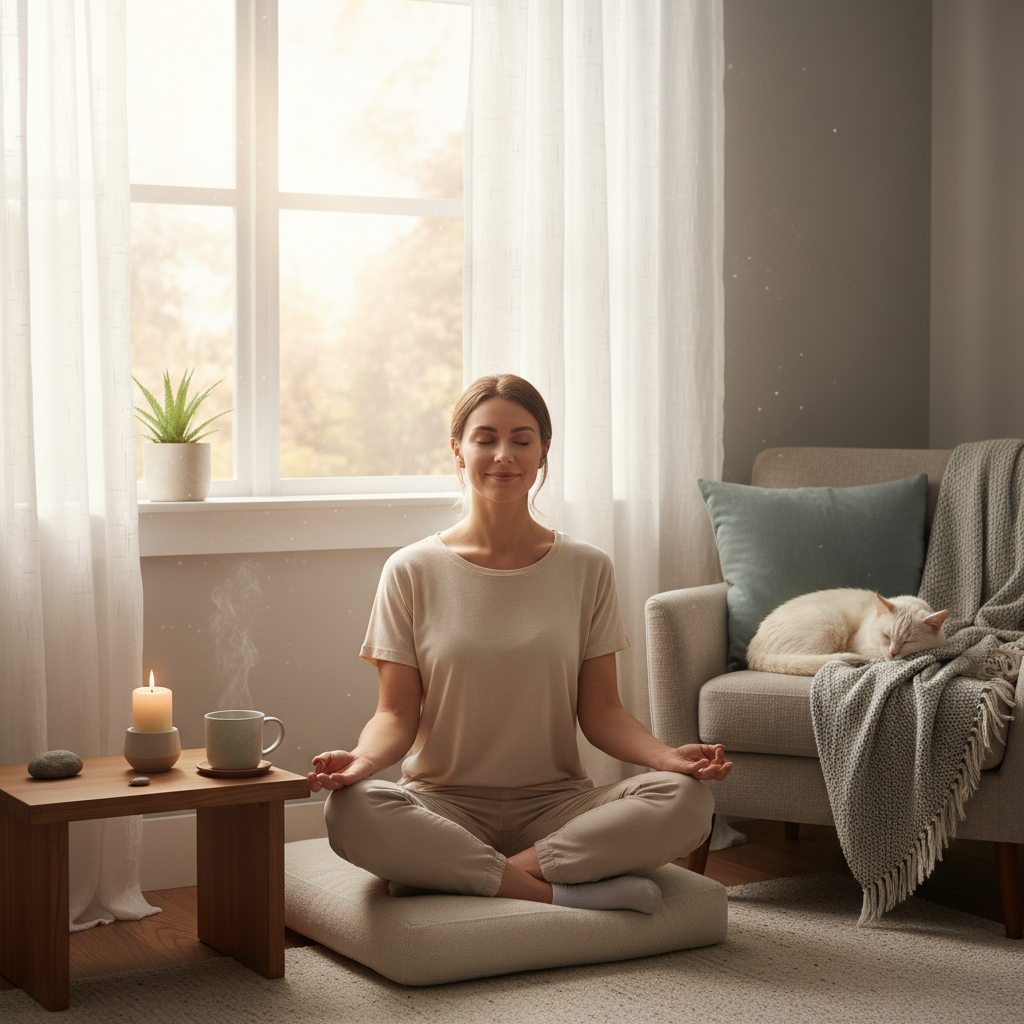 A serene, traditional meditation setting showing the global and historical aspect of meditation, such as monks meditating at dawn or yogis practicing pranayama with a backdrop of nature