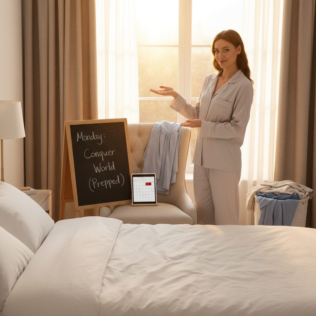 Illustration of a calm and organized morning scene showing someone preparing the night before by setting out clothes and planning tasks.