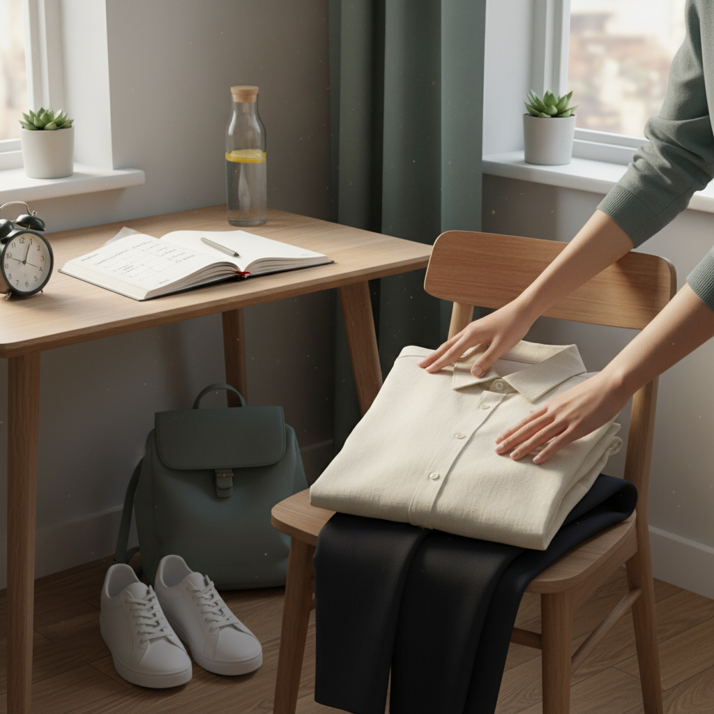 Depiction of a morning routine that includes gentle stretches or light yoga and time management tools like a planner or clock to highlight movement and productivity.