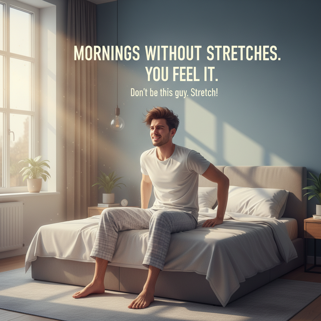 A sequence of images or a collage showing the six easy morning stretches: Child’s Pose, Cat-Cow Stretch, Knees-to-Chest, Cobra Stretch, Standing Forward Fold, and Neck Stretch being performed on a yoga mat.