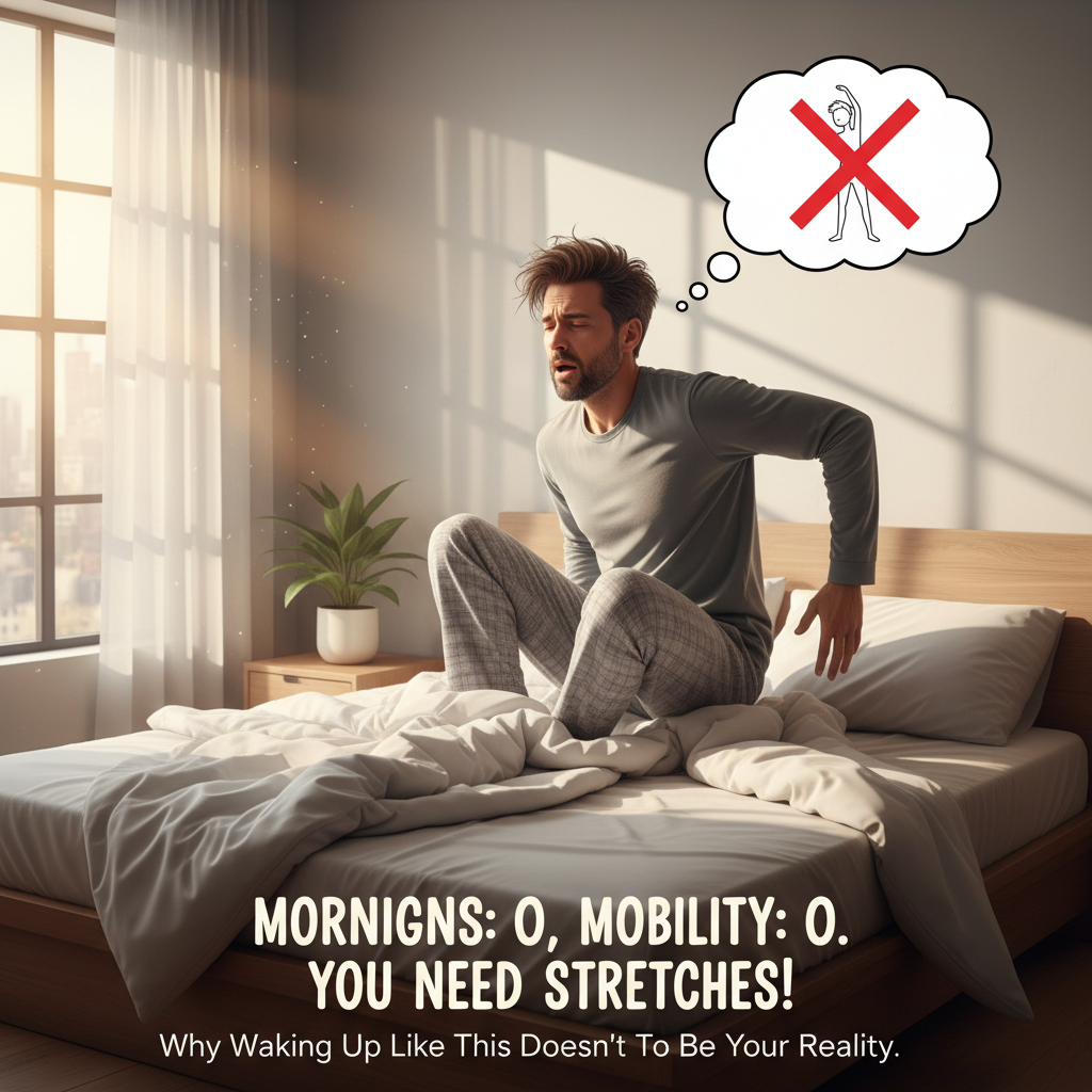 Illustration showing a person waking up in bed looking stiff and sluggish, with morning light coming through the window, emphasizing why morning stretches matter.