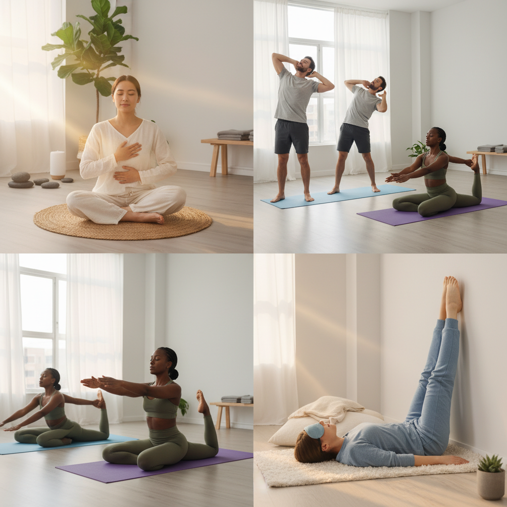 A peaceful early morning scene with a person sitting comfortably in a meditative pose, eyes closed, hands on heart and belly, surrounded by soft natural light to represent grounding and breath.