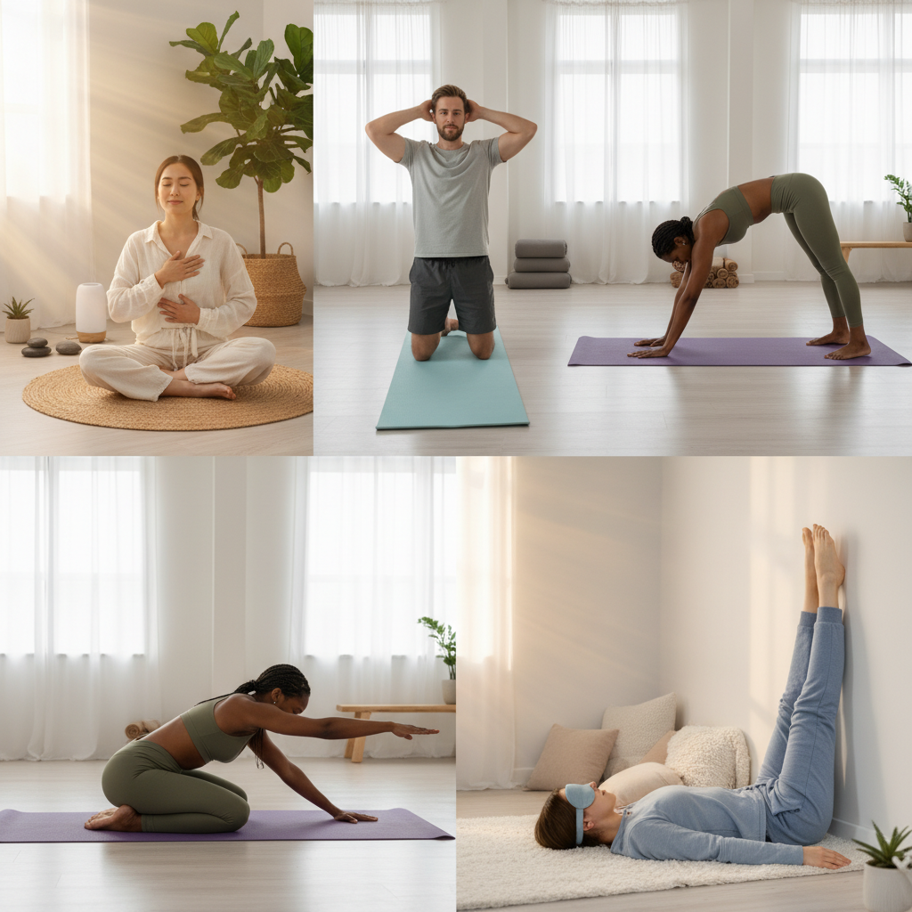 A gentle warm-up sequence showing a person doing neck rolls, shoulder rolls, and cat-cow pose in a calm indoor yoga space with mats and minimalistic decor.