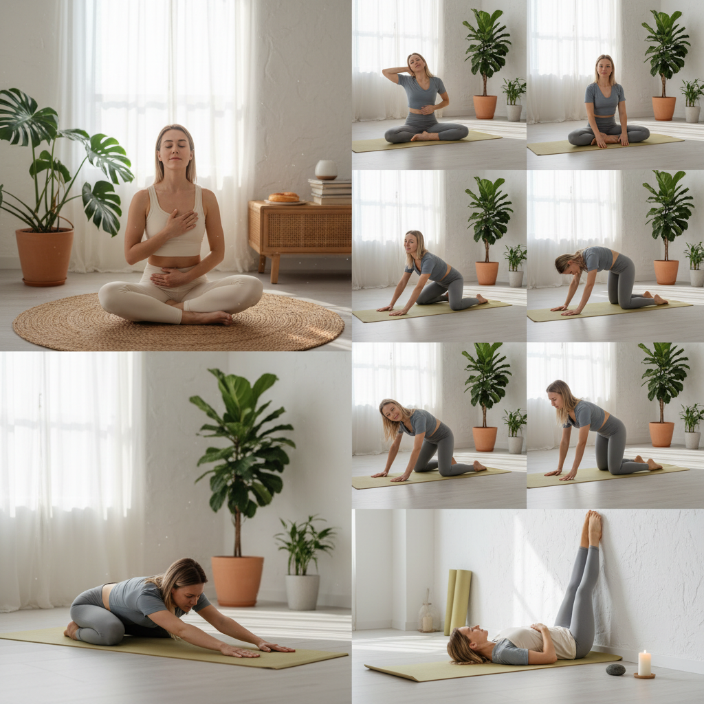 A smooth flow of gentle yoga poses including child's pose, seated forward bend, happy baby pose, reclined twist, and bridge pose demonstrated by a calm practitioner in a bright, airy room.