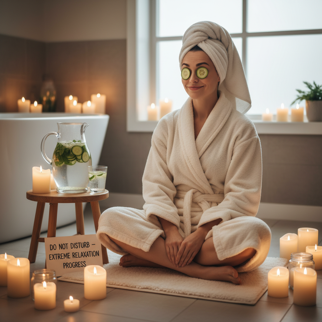 Cozy home spa setup with a person in a fluffy robe, surrounded by flickering candles, cucumber-mint infused water, and soft ambient lighting.