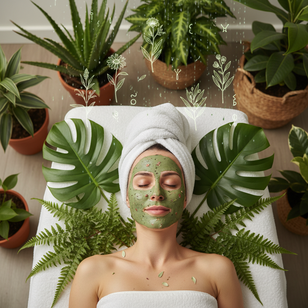 A close-up artistic composition showcasing must-have natural skincare ingredients such as aloe vera leaves, jojoba oil droplets, raw honeycomb, witch hazel branches, green tea leaves, and oat grains on a natural wood or stone background.