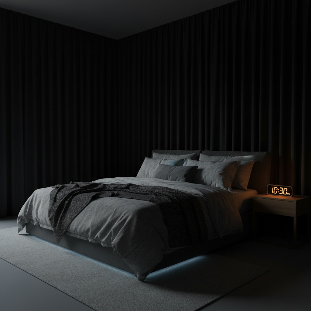 A cozy and calm bedroom environment showcasing good sleep hygiene: dark, cool room with comfortable bed, blackout curtains, and a clock showing consistent bedtime.