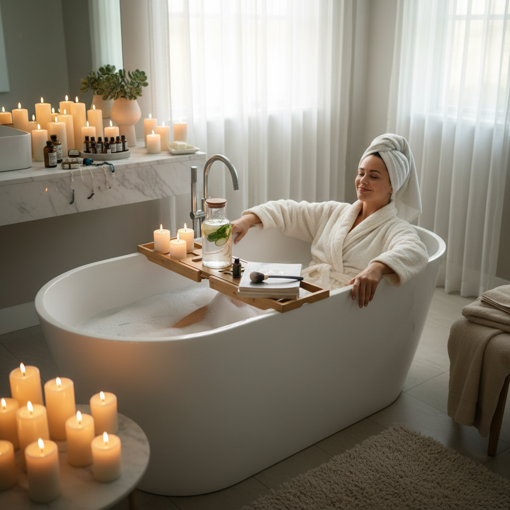A checklist-style flat lay image showing spa day essentials like a fluffy robe, slippers, soft towels, aromatic candles, essential oils, calming music device, and herbal tea.