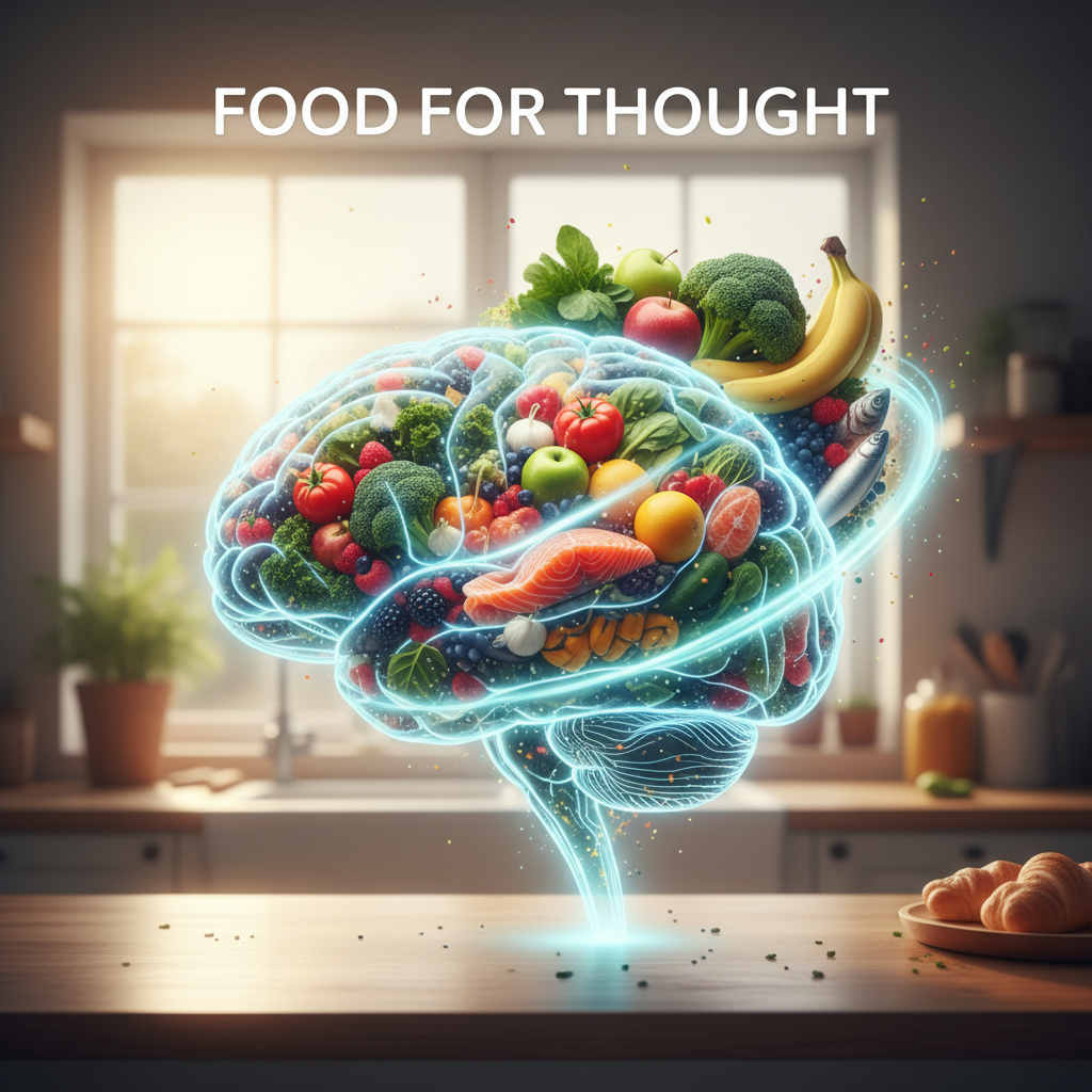 Illustration of the connection between nutrition and mental health, showing a brain and various healthy foods like fruits, vegetables, and fish.