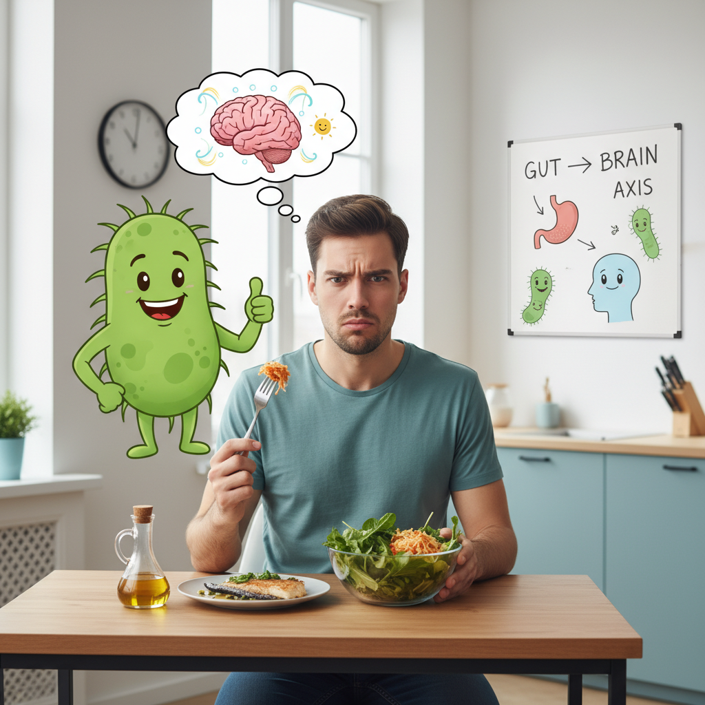 Visual of key dietary patterns beneficial for mental health, such as the Mediterranean diet elements including olive oil, nuts, fish, and colorful vegetables.