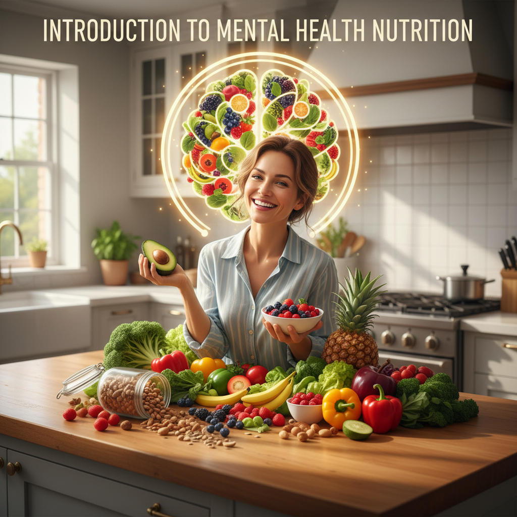 Introduction to Mental Health Nutrition illustration of happy person with healthy foods like fruits, vegetables, and nuts