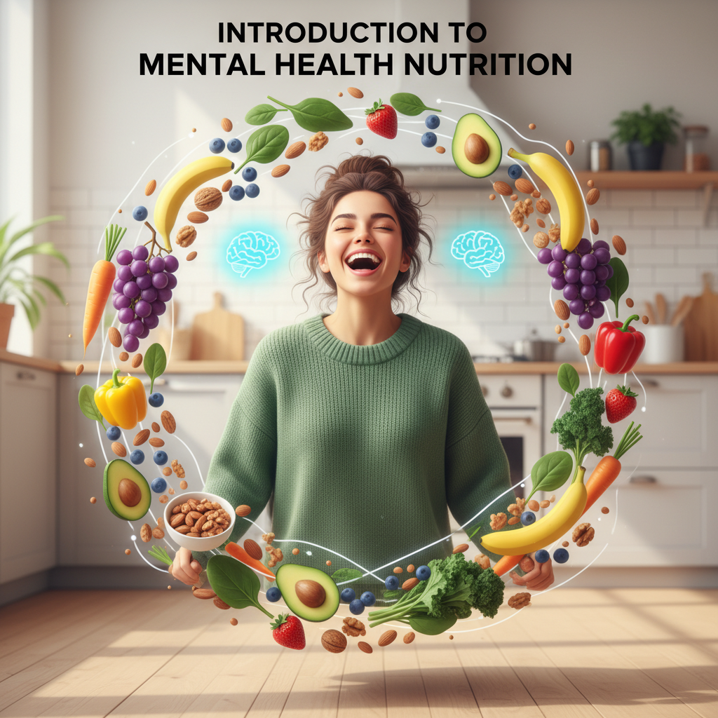 Practical Mental Health Nutrition Tips showing colorful meal prep, hydration, supplements and healthy lifestyle