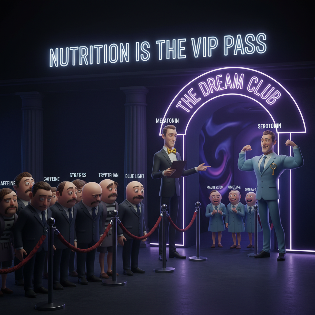 Illustration of hormones like melatonin and serotonin acting as bouncers at a nightclub representing how nutrition affects sleep.