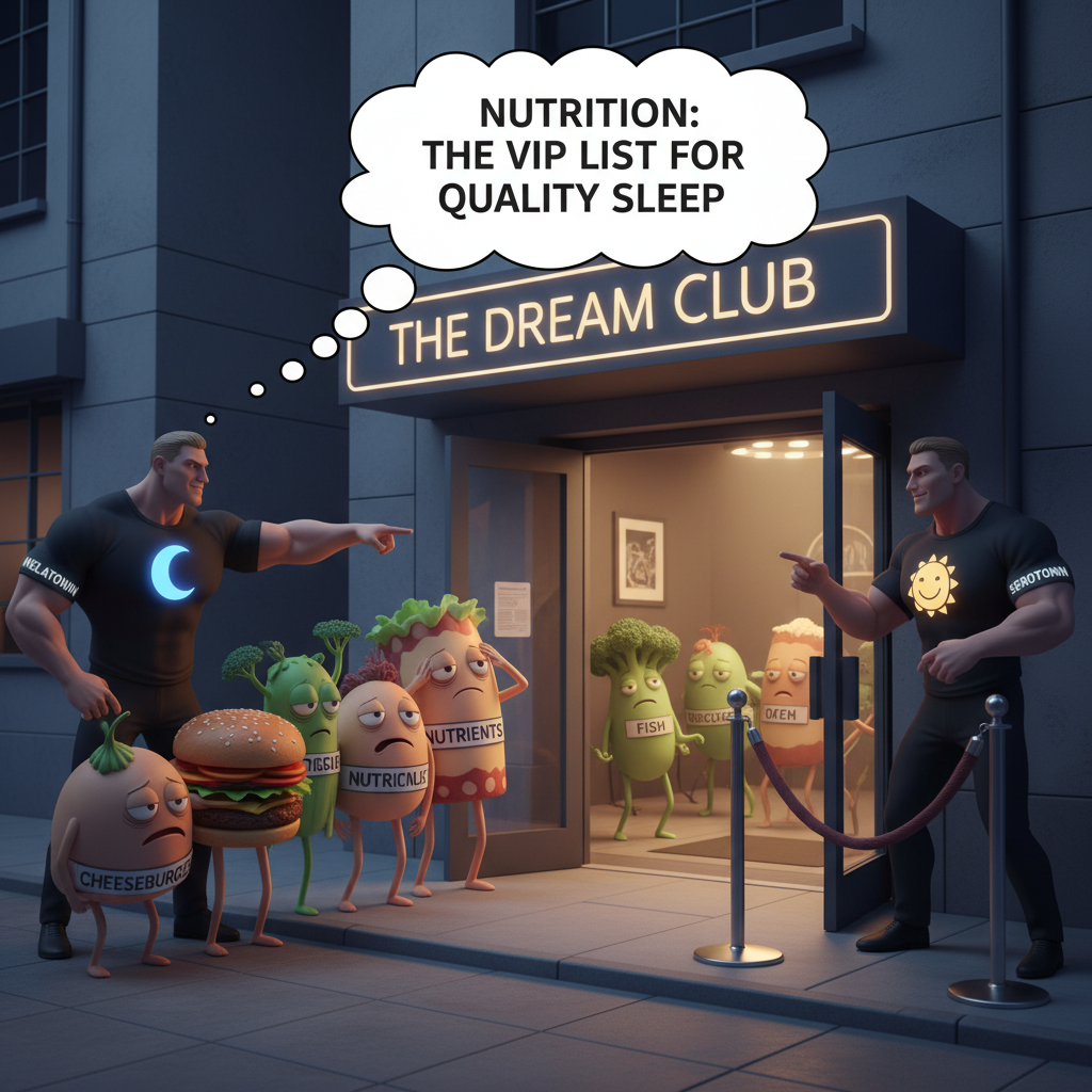 A colorful plate showing foods rich in magnesium, calcium, vitamin D, omega-3 fatty acids, tryptophan, and fiber alongside sleep tips.