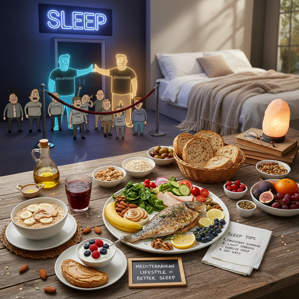 A cozy nighttime snack scene featuring sleep-friendly snacks like oatmeal with banana and almond butter, tart cherry juice, Greek yogurt with berries, and whole-grain toast with peanut butter.