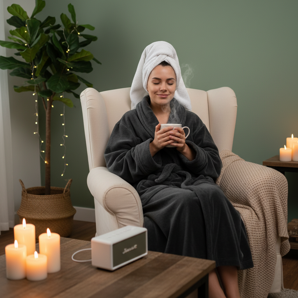 Cozy at home spa setup showing a person wrapped in a plush robe relaxing in a softly lit room with candles and calming music playing.