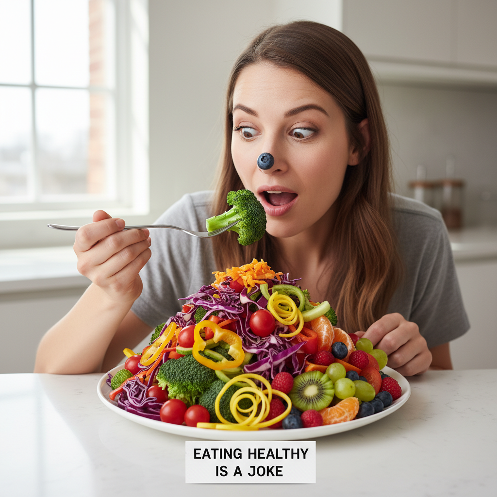 A colorful, vibrant plate filled half with a variety of fresh vegetables and fruits showcasing different colors and textures, emphasizing healthy eating.