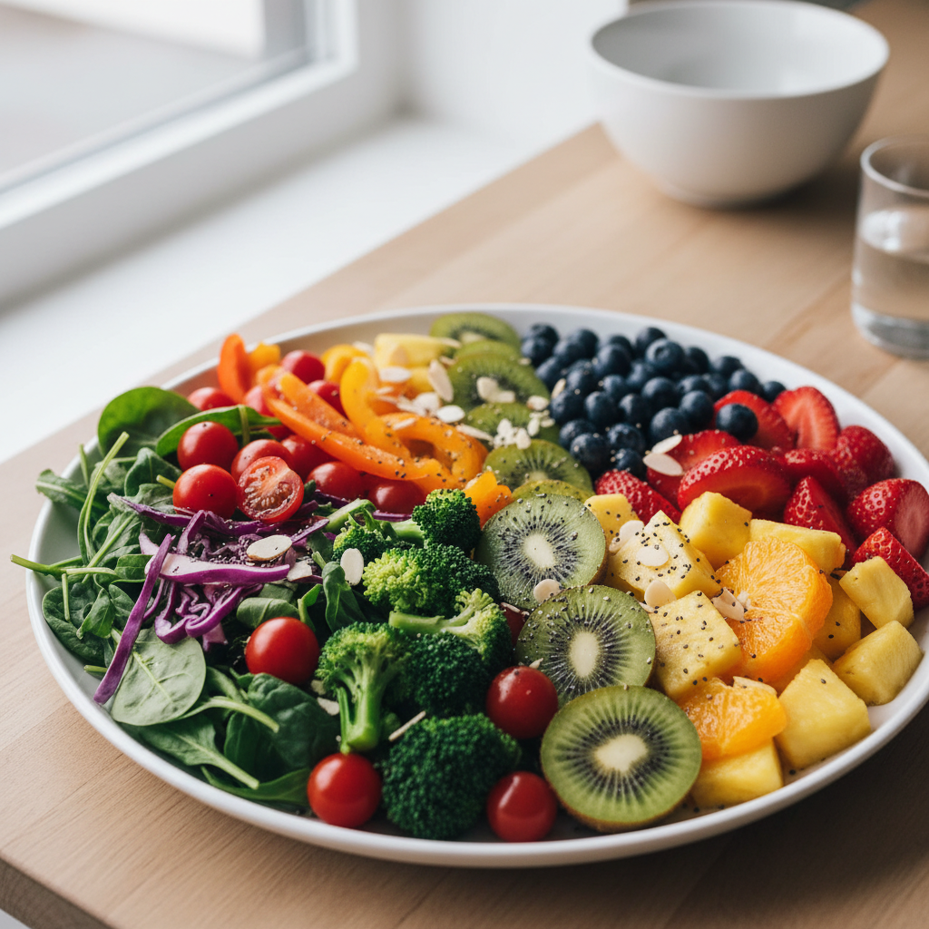 A diverse assortment of protein sources including beans, lentils, tofu, nuts, fish, poultry, eggs, and lean meats arranged appealingly to show variety.