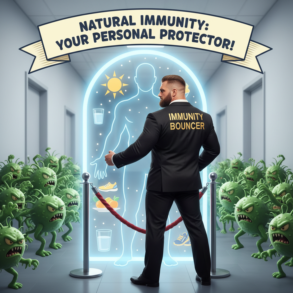 A colorful assortment of nutrient-dense foods including citrus fruits, red bell peppers, leafy greens, berries, nuts, seeds, fatty fish, and probiotic-rich foods like yogurt and kimchi.