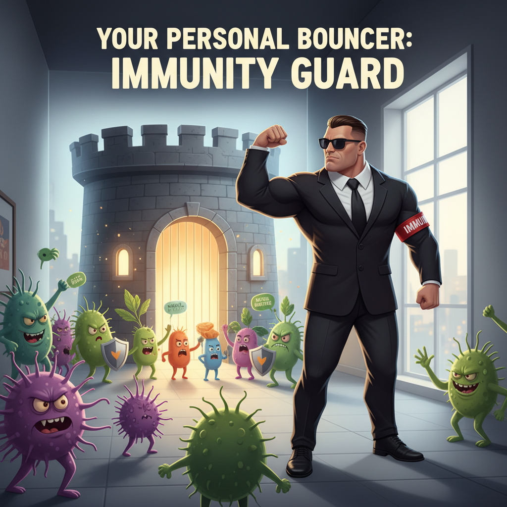 Illustration of a strong immune system represented as a personal bouncer protecting the body from germs, emphasizing the importance of natural immunity boosters.