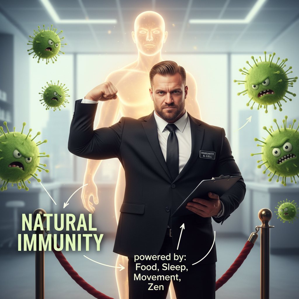 Depiction of healthy lifestyle habits supporting immunity, showing a person sleeping peacefully, exercising (walking or cycling), practicing meditation or mindfulness, drinking water, and washing hands.