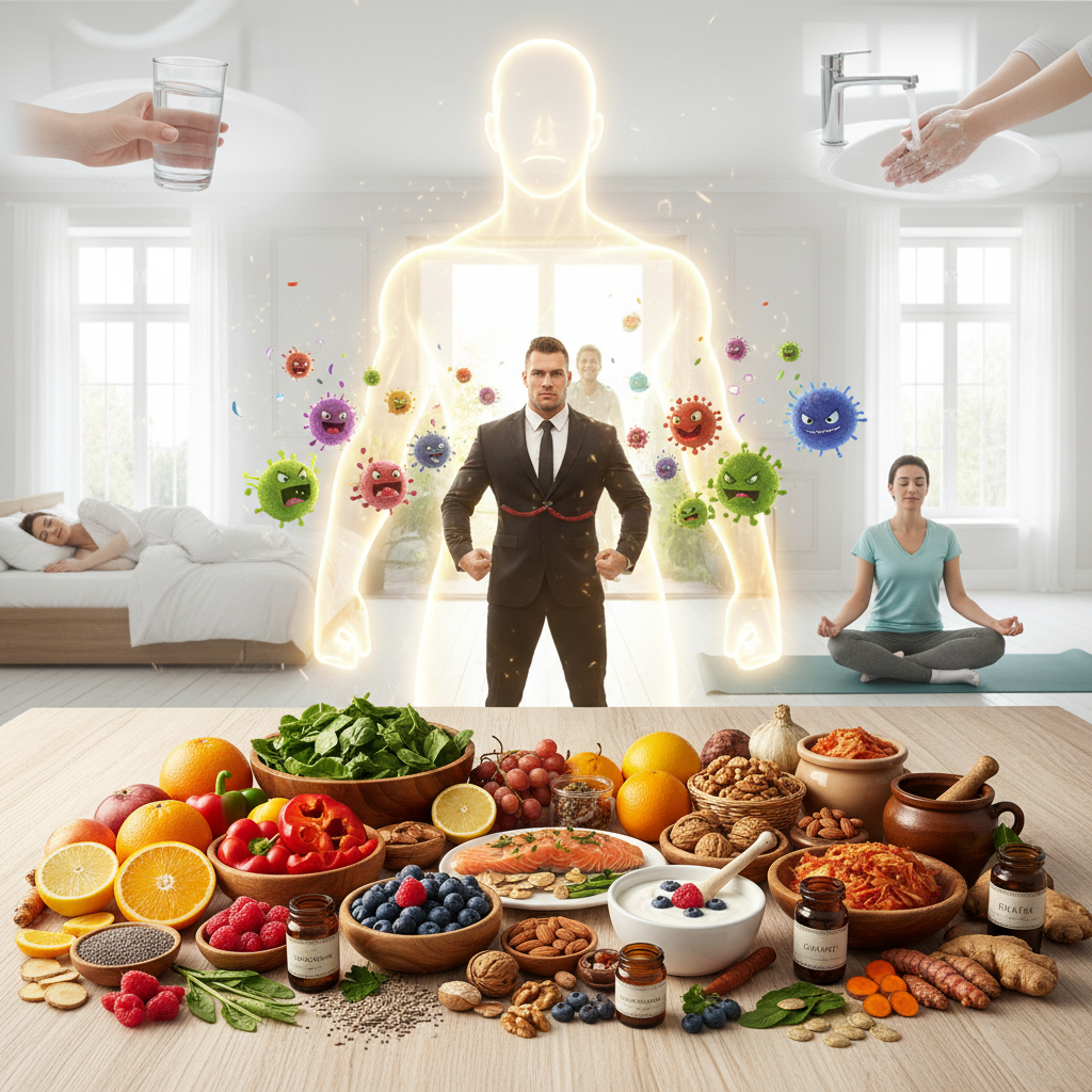 An arrangement of powerful immune-boosting herbs such as echinacea, elderberry, astragalus, ginger, turmeric, and reishi mushrooms, displayed with a natural and herbal aesthetic.